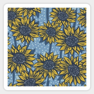 Blue and Yellow Sunflowers on a Blue Background with Polka Dots Repeat Pattern Sticker